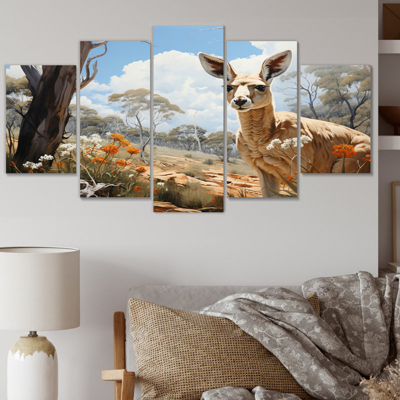 Kangourou Bound Pastoral II - Décoration murale animaux - 5 panneaux