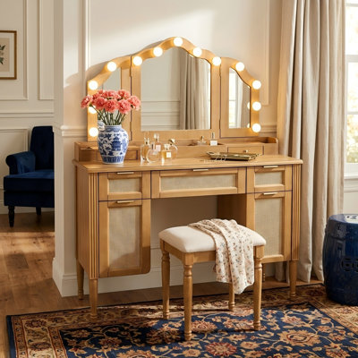 44.37" Makeup Vanity Desk with Stool Set, Vintage Dressing Table with Tri-Fold Mirror, 13 Hollywood LED Bulbs, 3 Lighting Modes & Charging Station, Ample Storage Cabinets and Drawers for Bedroom