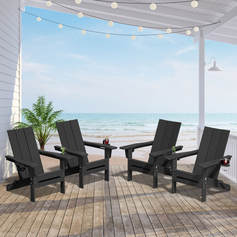 Chaise Adirondack pliante en polyéthylène haute densité Delman avec porte-gobelet double (ensemble de 4), Noir