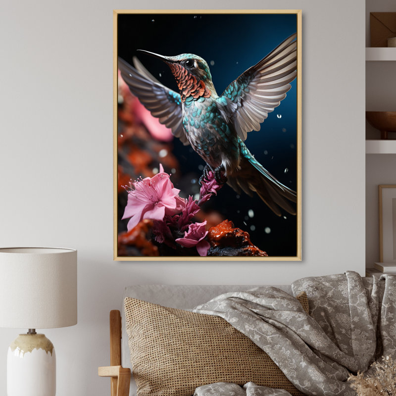 Colibri bleu sarcelle Avdullah - reproduction sur toile, H 32 po x l 16 po x P 1 po, Toile naturelle avec cadre flottant