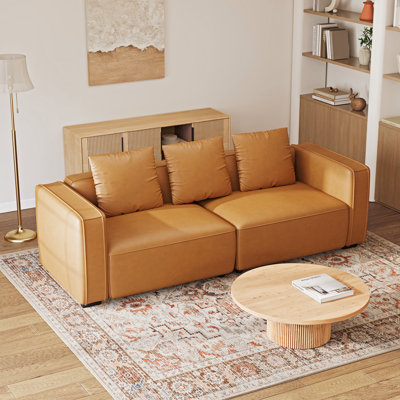 Modern 220 cm faux leather 3-seater sofa with square armrests and spring cushions