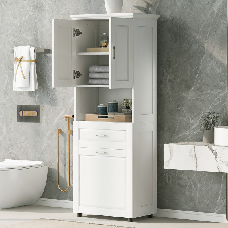 Tall Bathroom Cabinet With Laundry Basket, White