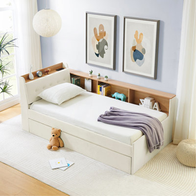 Lit de jour simple en velours à hauteur ajustable avec tête de lit et chargement sans fil, lit de jour multifonctionnel avec lit gigogne et lumières DEL, beige