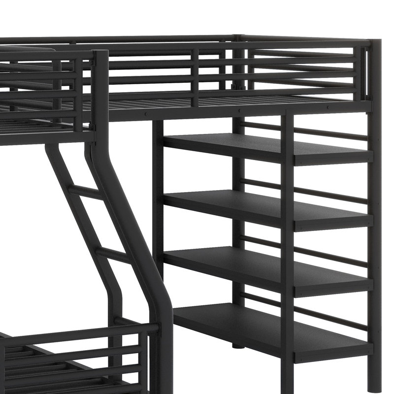 Lit superposé en forme de L en métal peu encombrant avec quatre tablettes intégrées, structure en métal durable et garde-corps robustes