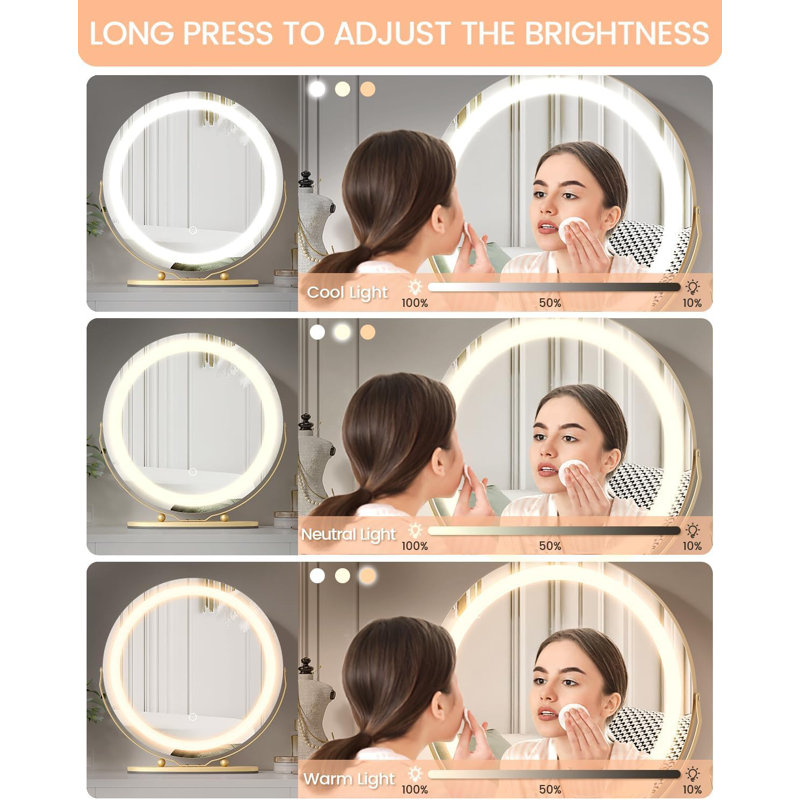 LED Makeup Mirror with Lights, Vanity Mirror with Touch Control & Dimmable Lighting, 360° Rotation Tabletop Desk Mirror, Gold Finish