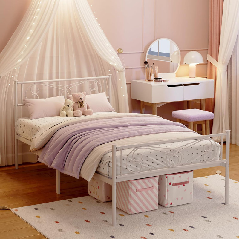 Structure de lit simple avec tête et pied de lit, structure de lit en métal pour enfants, rangement sous le lit de 12,2 po, support de lattes en acier, aucun sommier requis, blanc