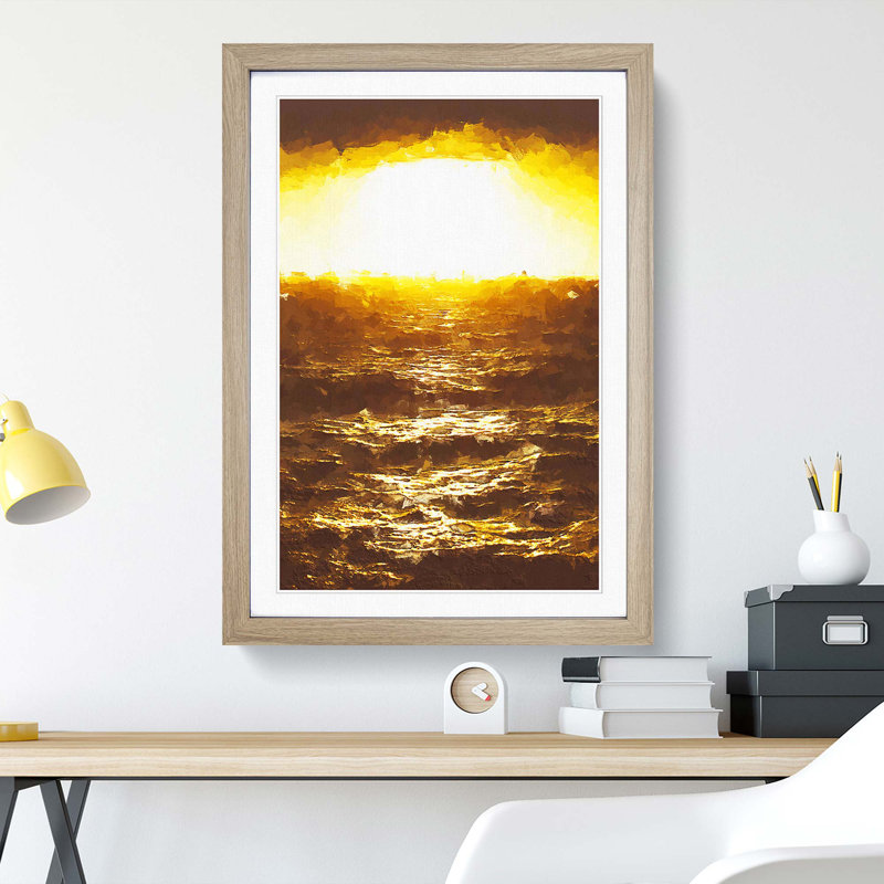 Yellow Sun over the Ocean in Abstract - Picture Frame Graphic Art Print on MDF, Oak, 76cm H x 50cm W x 2cm D