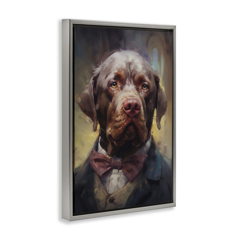 Cadre flottant «Dog in suit suit», design par Wumples, H 31 po x l 21 po, Cadre flottant gris lustré