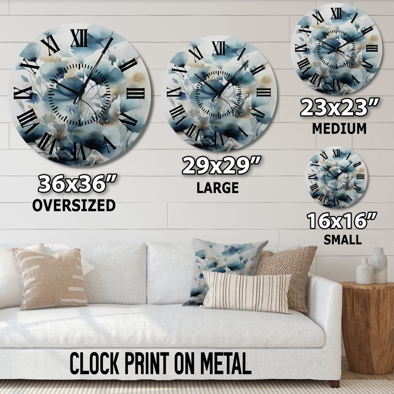 Horloge murale à feuilles bleues et feuillage bleu I, Médium