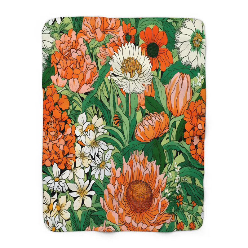 Mod - motif floral orange - couverture en sherpa de qualité supérieure - reproduction d'art luxueuse, l 60 po x L 80 po