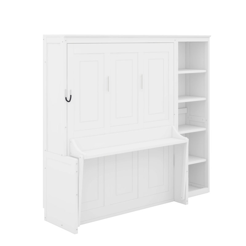 Lit escamotable double avec bureau et bibliothèque, Blanc, Double