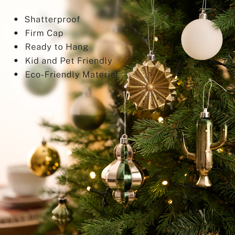 100ct Green and Gold Shatterproof Plastic Christmas Ornaments Set