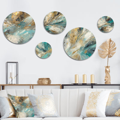 5 Golden Hour In Turquoise Waves I - Ensemble de décoration murale en métal rond