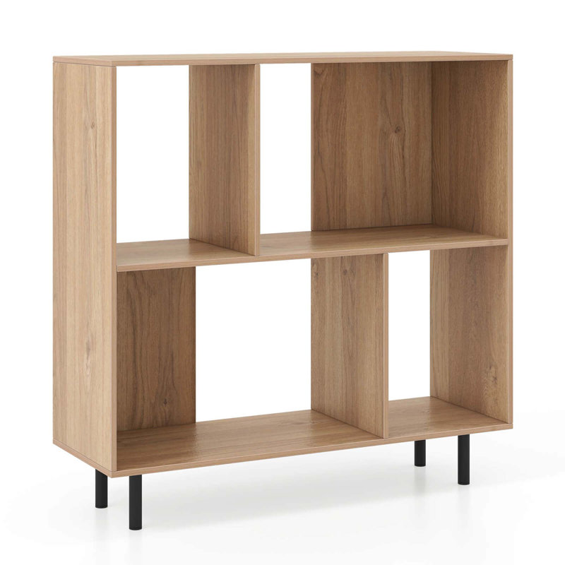 Open Shelf Bookcase Mid Century Modern Cube Bookshelf With 4 Compartments, Natural