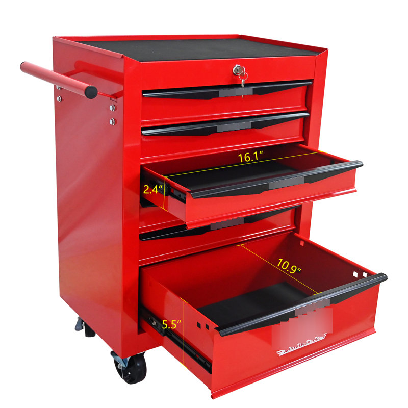 6 - Drawer Rolling Tool Storage Box, Red & Black Steel, Bearing Slides, 4 Wheels, Key Locking Trolley, And Blue Smooth Countertop, Lockable, Garage Use