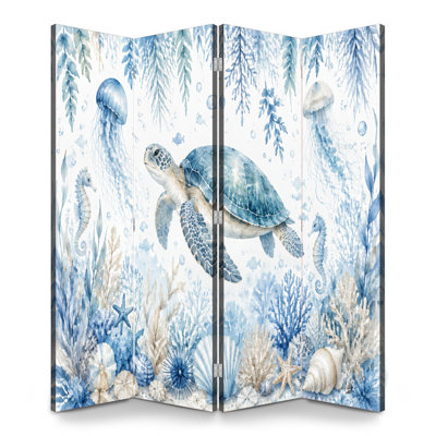 4 panneaux de paravent pliant paravent Tortue de mer royale sous-marine, tons de corail, écran de toile, séparateur de pièce, cloison de protection autoportante, cloison d'intimité pour salle de bain