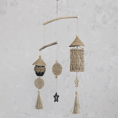 Wood and Hand-Woven Seagrass Mobile Wall Hanging