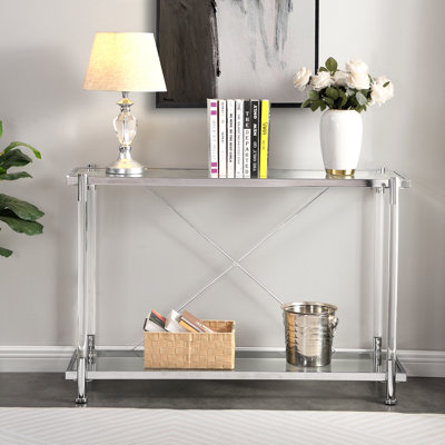 Élégante table de canapé en chrome et en acrylique avec plateau en verre, console idéale pour le décor du salon et de la chambre à coucher