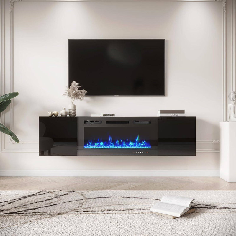 Meuble télé 70 po avec foyer électrique 36 po - Meuble audio-vidéo lustré avec 12 flammes pour téléviseur de 80 po ou moins - Noir