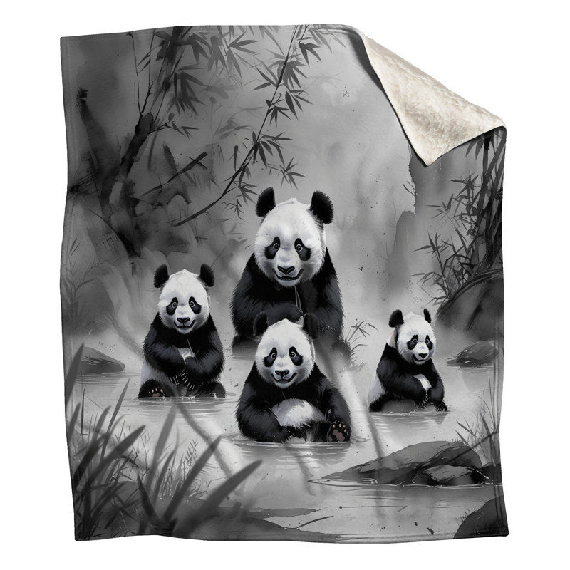 Famille de panda dans des couvertures d'eau, L 50 po x H 60 po