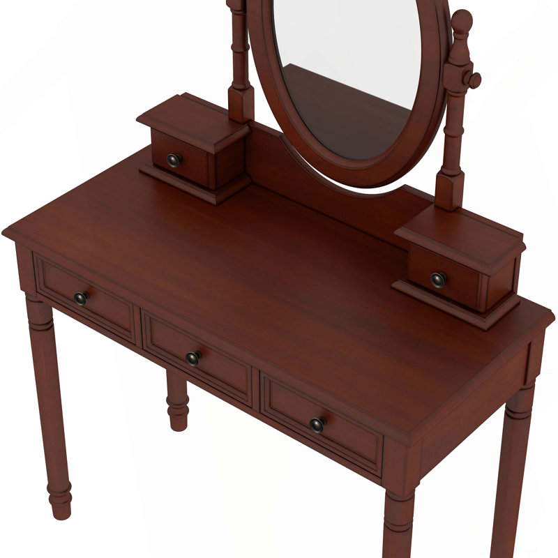Ensemble de coiffeuse vintage en bois avec miroir réglable, 5 tiroirs et tabouret rembourré pour la chambre à coucher - Finition noyer