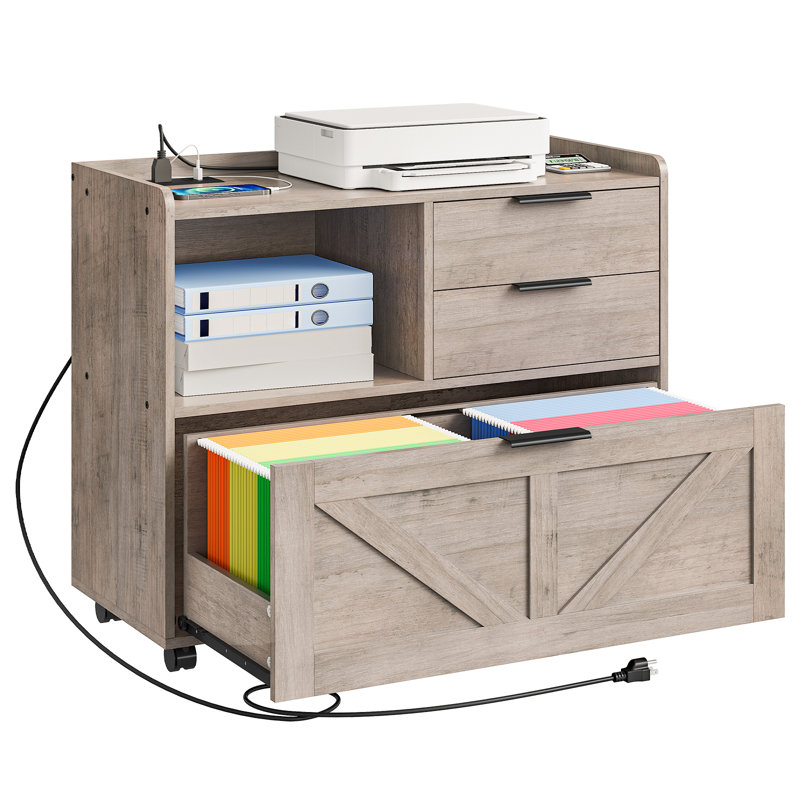31.5'' Wide Mobile File Cabinet with Storage and Charging Station, Gray