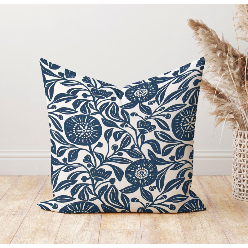 Housse de coussin d'extérieur à imprimé floral bleu marine, Carré 15 po