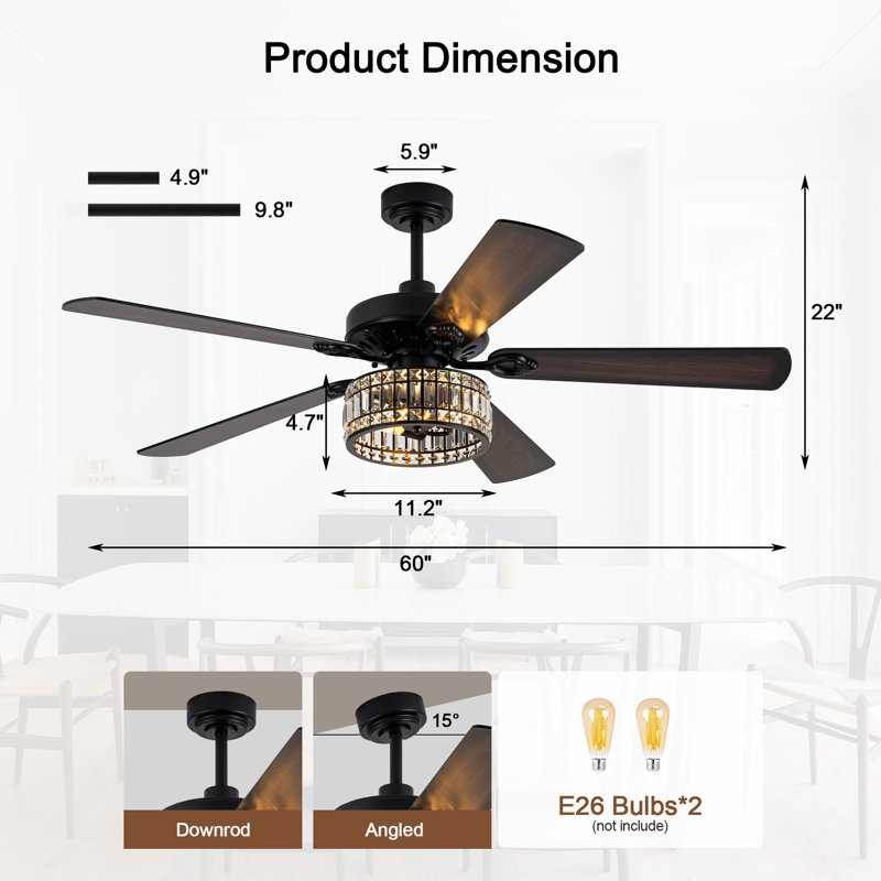 Ventilateur de plafond en cristal 60 "avec lumières et télécommande, moteur CC réversible à 6 vitesses, minuterie, pour chambre à coucher