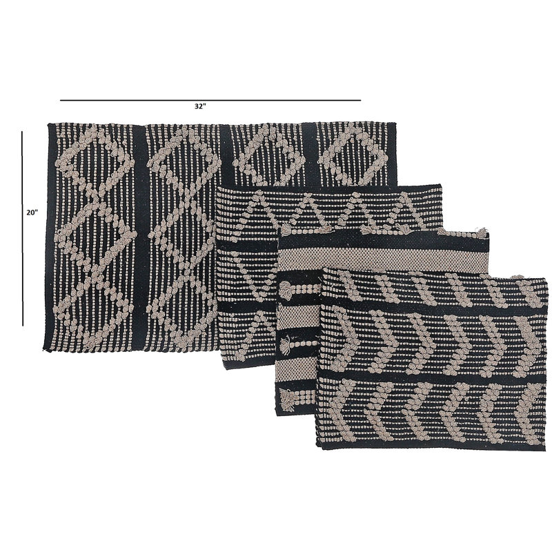 Ensemble de tapis en nylon tissé à la machine à motif géométrique noir, Rectangle 1 pi 8 po x 2 pi 8 po