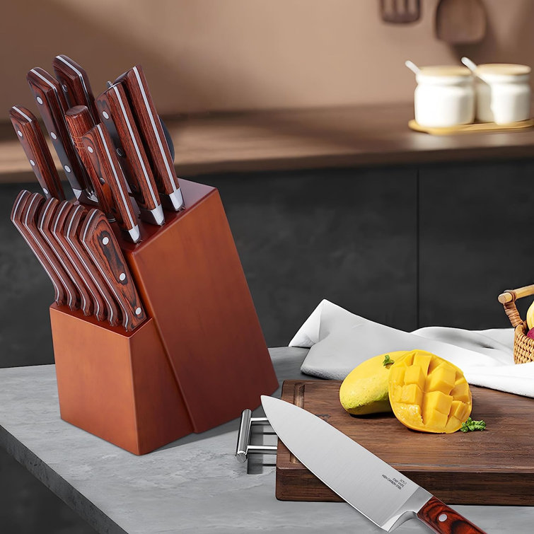 Kitchen Knife Sets with Block, 15-Piece High Carbon Stainless Steel Knife  Block Set with Sharpener, Ultra-Sharp kitchen knives with Triple Rivet Wood