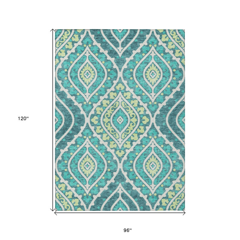 Tapis d'intérieur / extérieur 8 pi x 10 pi bleu ivoire et vert artichaut floral lavable