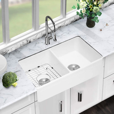 33*18*10" Ceramic White Kitchen Sink - Double Basin, Heat , Stain & Scratch , Rust Large Bowls Basin Rustproof, Distinctive Design