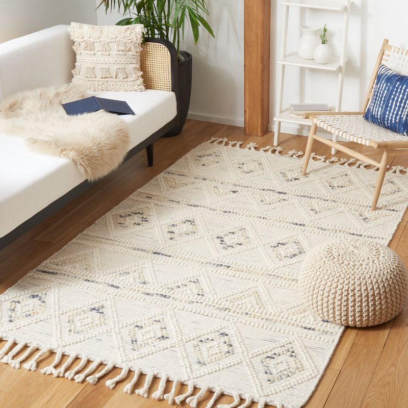 Tapis géométrique en laine / jute / coton tissé à la main Natura en ivoire / gris, Rectangle 5 pi x 8 pi