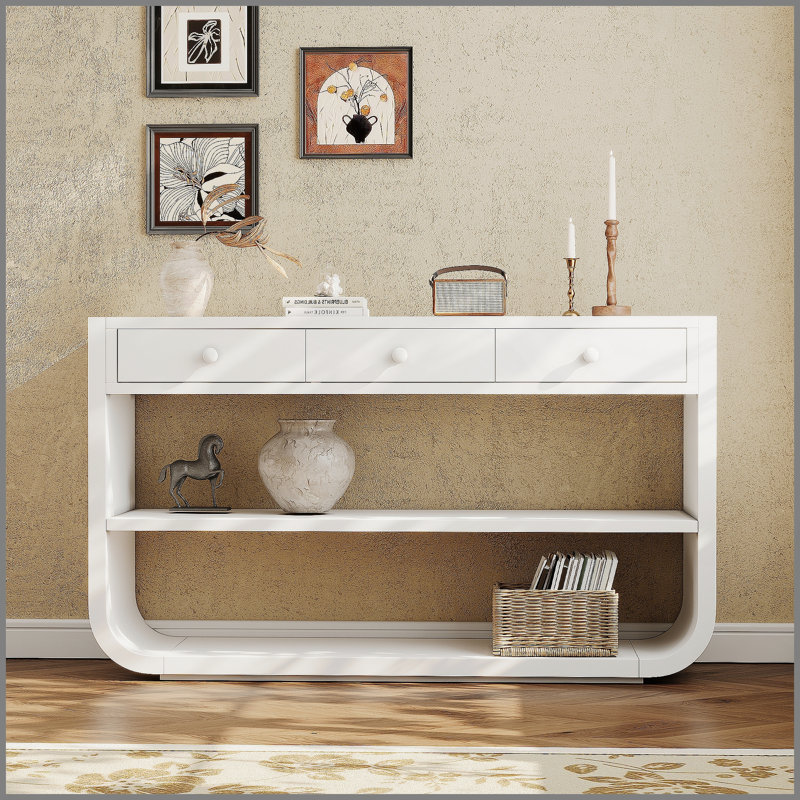 Console moderne incurvée avec 3 tiroirs à fermeture en douceur et 2 tablettes ouvertes, base en bois massif, table de vestibule pour vestibule, blanc