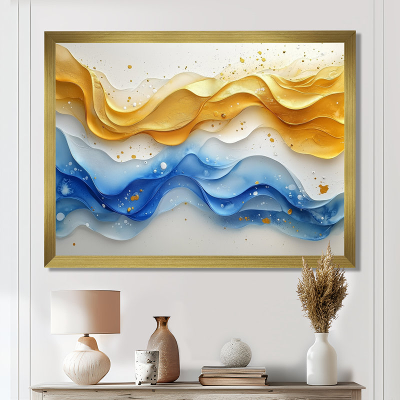 «Blue Yellow Dream Lines I - vagues côtières», art mural, H 30 po x l 40 po, Cadre flottant, Doré