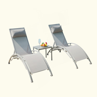 Pool Lounge Chairs Set Of 3, Adjustable Aluminum Outdoor Chaise Lounge Chairs With Metal Side Table, All Weather For Deck Lawn Poolside Backyard (2 Lounge Chair+1 Table)