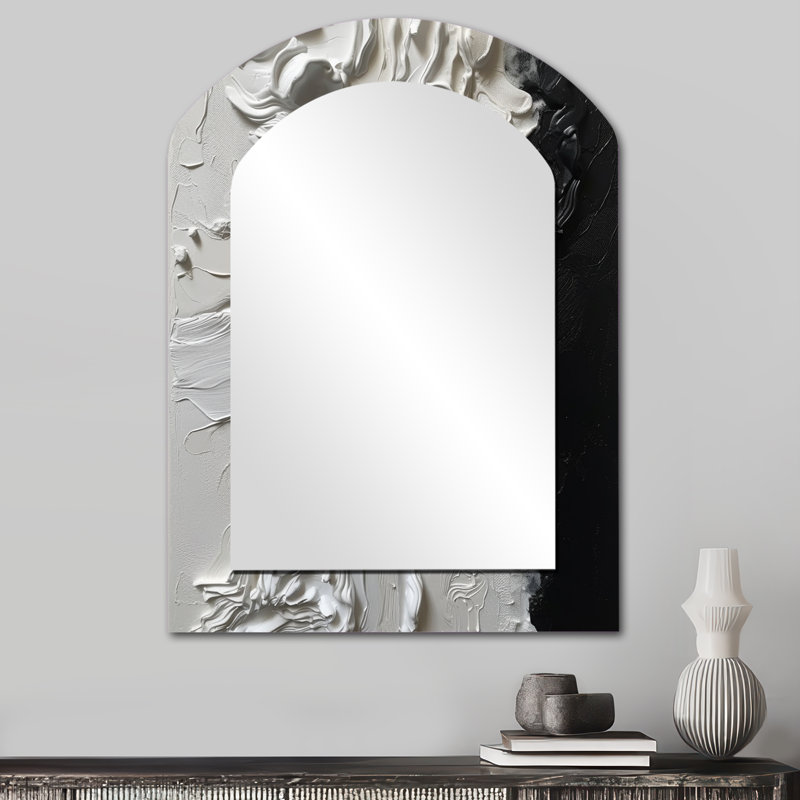 Blanc et noir Tranquility Unleashed I - Miroir arqué en marbre, miroir mural asymétrique blanc, 34 po x 25 po