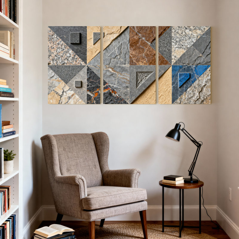 Ensemble de 3 tableaux abstraits sur toile tendue, motif marbre géométrique, H 18 po x l 36 po