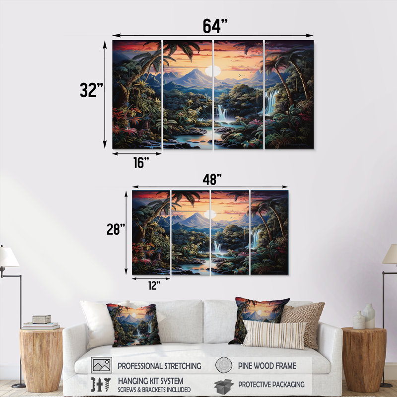 «Tropical Waterfall Paradise Sunset Over Mountains - River», ensemble d'art mural 4 pièces, H 28 po x l 48 po