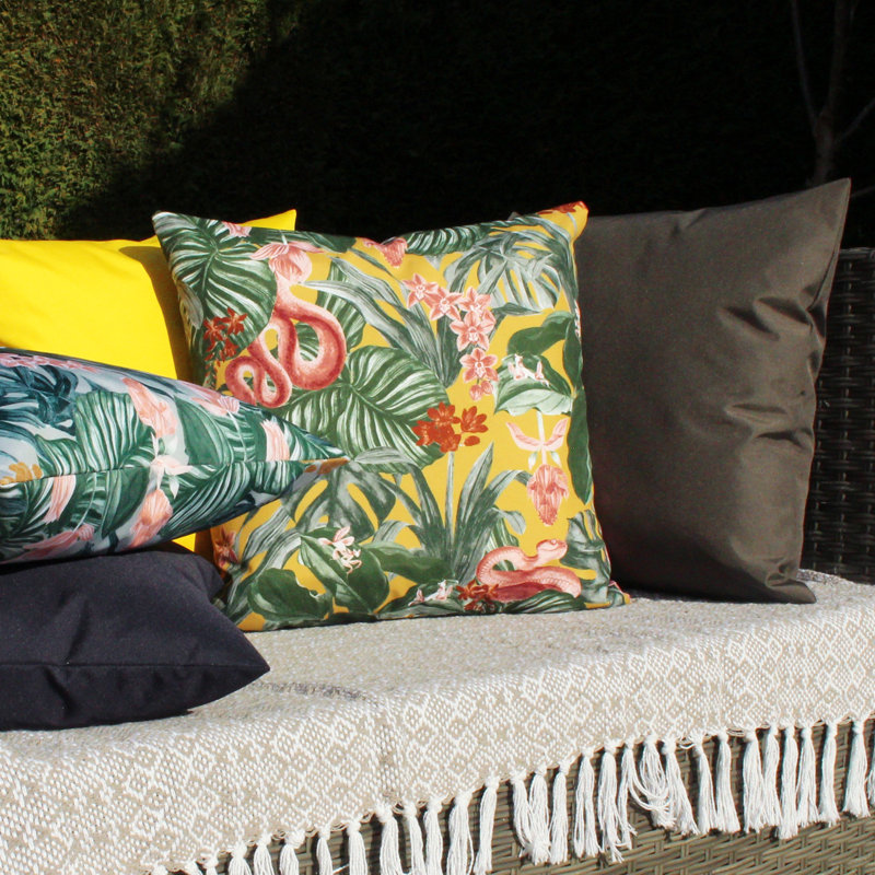Indoor / Outdoor Floral Square Cushion, Mustard