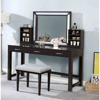 Vanity Stool Ensemble, 8Mm Clear Tempered Glass, 3Mm Mirror, 3 Storage Drawers, Padded Stool, Gray For Bedroom Arrangement With Use