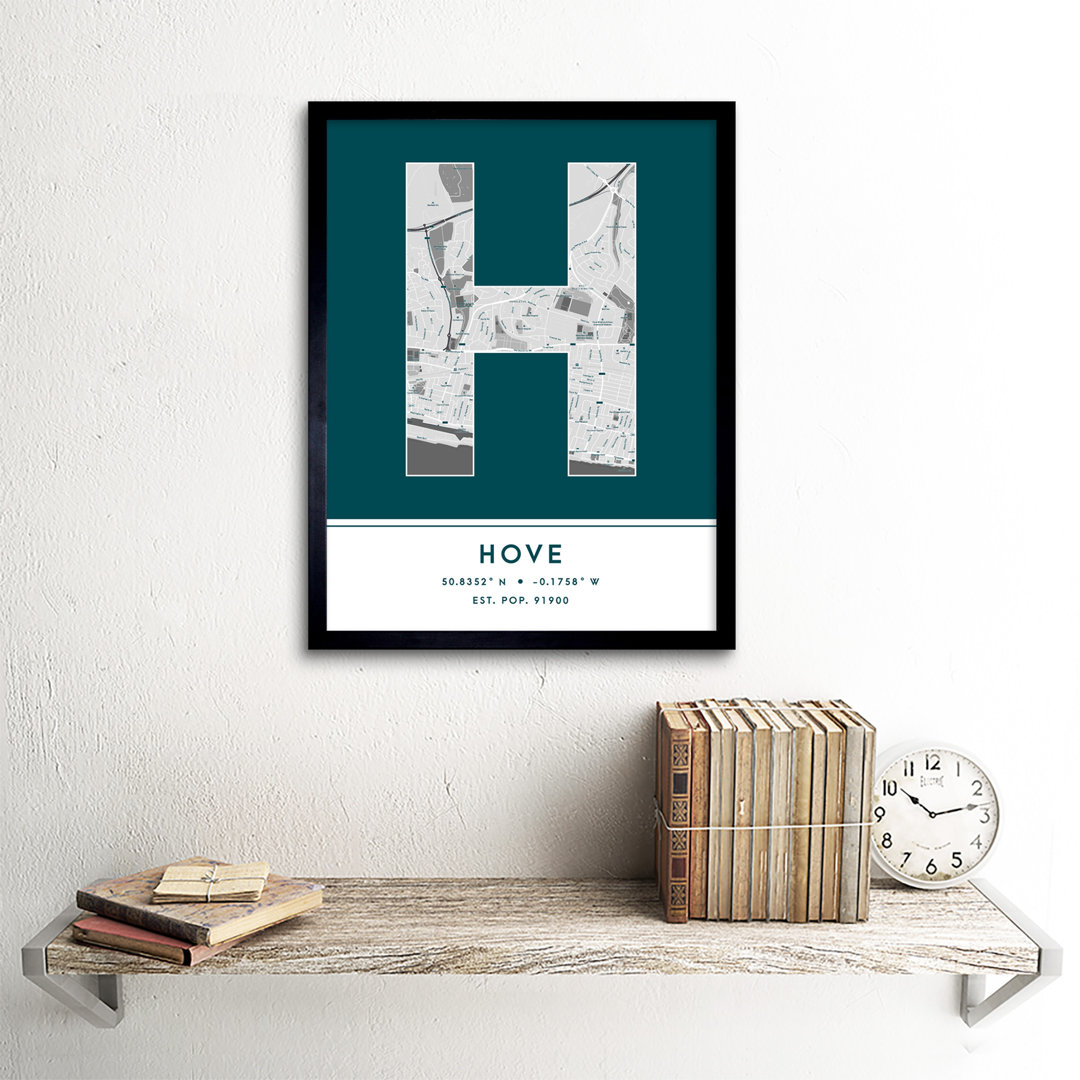 Hove City Map Hove Teal - Single Picture Frame Typography