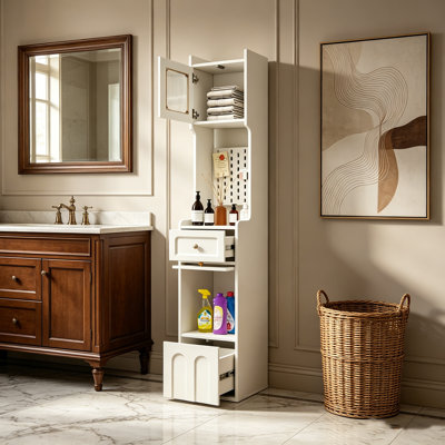 Tall Bathroom Storage Cabinet with Drawers, Glass Doors and Pegboard