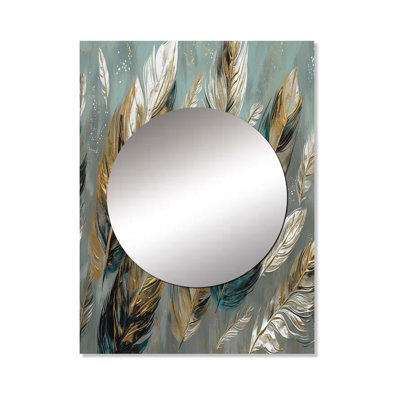 Gold Feather Extravaganza I - Glam Feather Large Wall Mirror, Gold Unique Mirror, Printed Metal Art