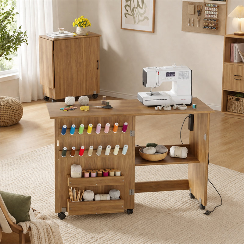 Bureau de couture mobile pliant avec station de charge et tablettes de rangement