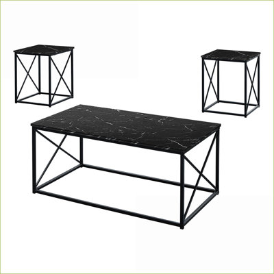 Ensemble de 3 tables basses de salon: plateau en marbre noir avec structure en métal noir robuste, vaste surface