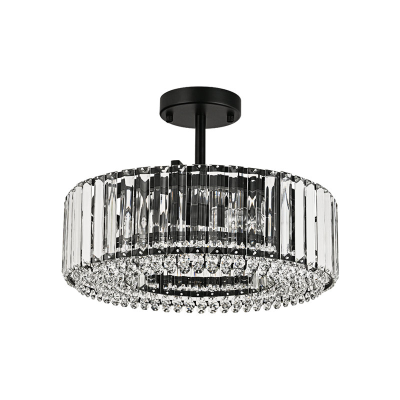 Luxury 4-Light Round Drum Crystal Semi-Flush Ceiling Light, Matte Black