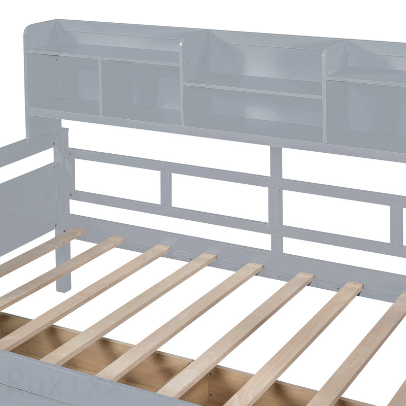 Lit de jour simple, support en lattes de bois, avec tablettes de chevet et deux tiroirs, gris, Grey