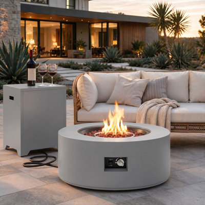 30'' Round Propane Fire Pit Table with Tank Cover, 50,000 BTU Outdoor Gas Fire Pit, Concrete Look Patio Fire Table with Lid, Lava Rocks & Rain Cover
