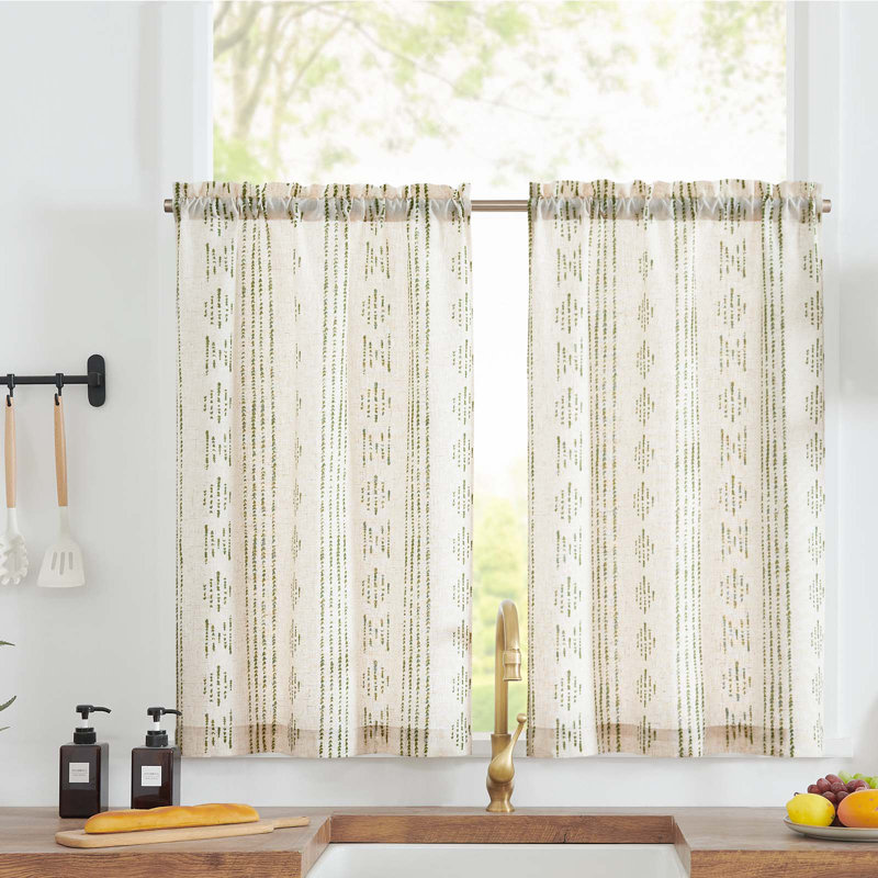 Boho Cafe Curtains Linen Small Window Curtains, 26" W x 36" L, Beige/Green